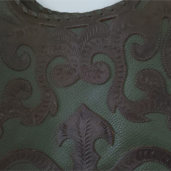 Leaders in Leather Paraguay Handbag Hand Tooled Cutout Satchel Brown Green - Picture 6 of 7